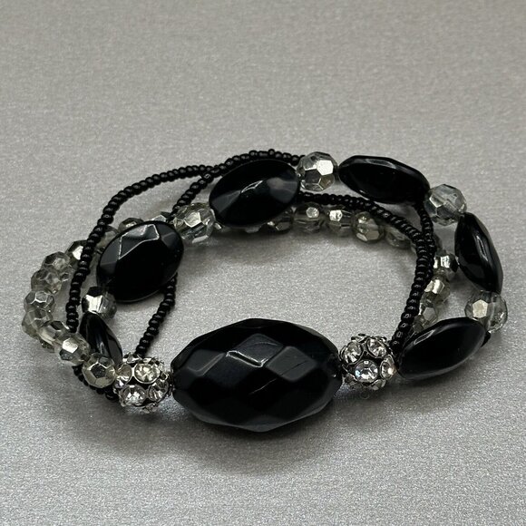 Beaded Stretch Bracelet Black Faceted Multi Strand Rhinestone Acrylic Chunky - Picture 3 of 11